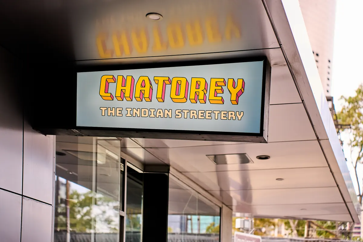 The Chatorey sign reading The Indian Streetery beneath the Flinders Street awning.